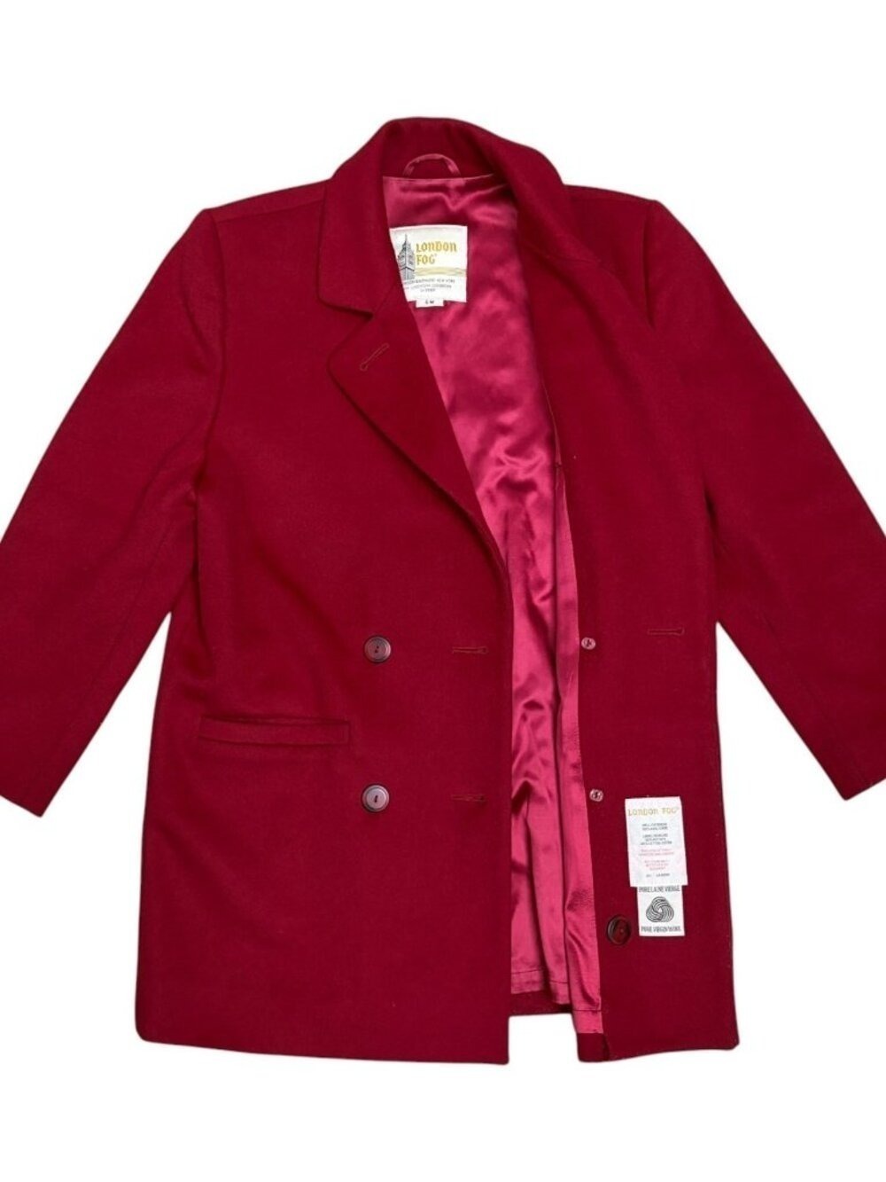 VINTAGE LONDON FOG Pure Virgin Wool Red Winter Business Trench Pea Coat Womens 6